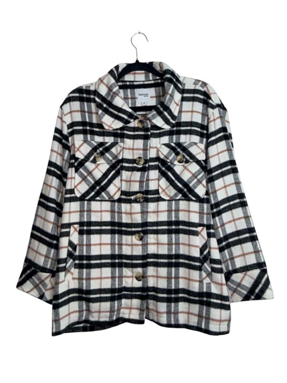 Kensie Plaid Plush Jacket White Black Pink Button Down Oversized Medium Women’s